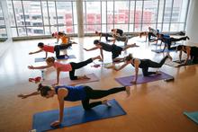 A group yoga class at the Recreation and Wellness Center