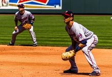 Minnesota Twins baseball players in the outfield